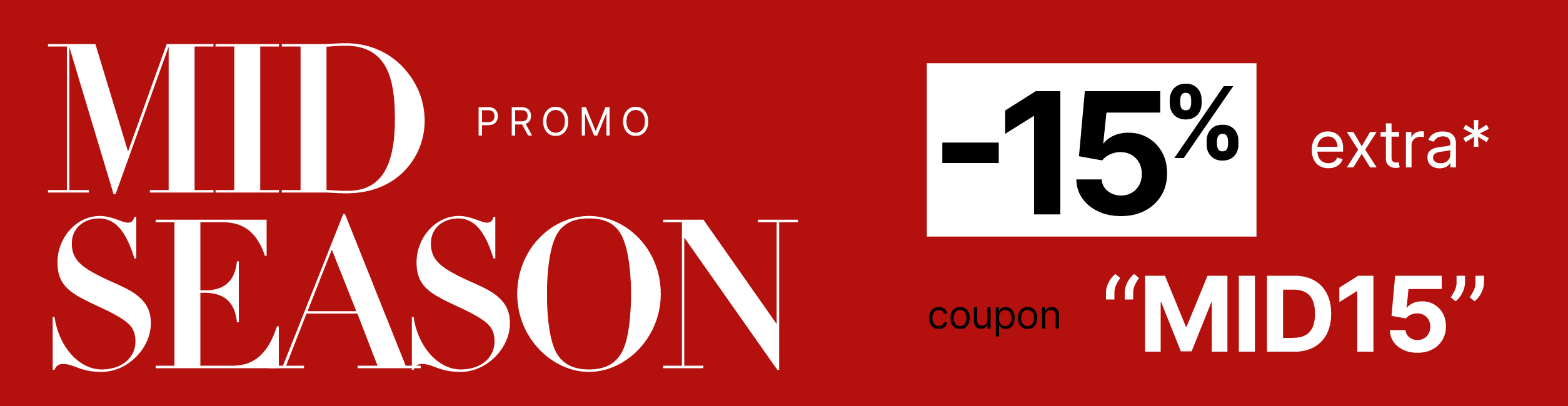 Red mid-season promo banner offering -15% extra with coupon code "MID15"