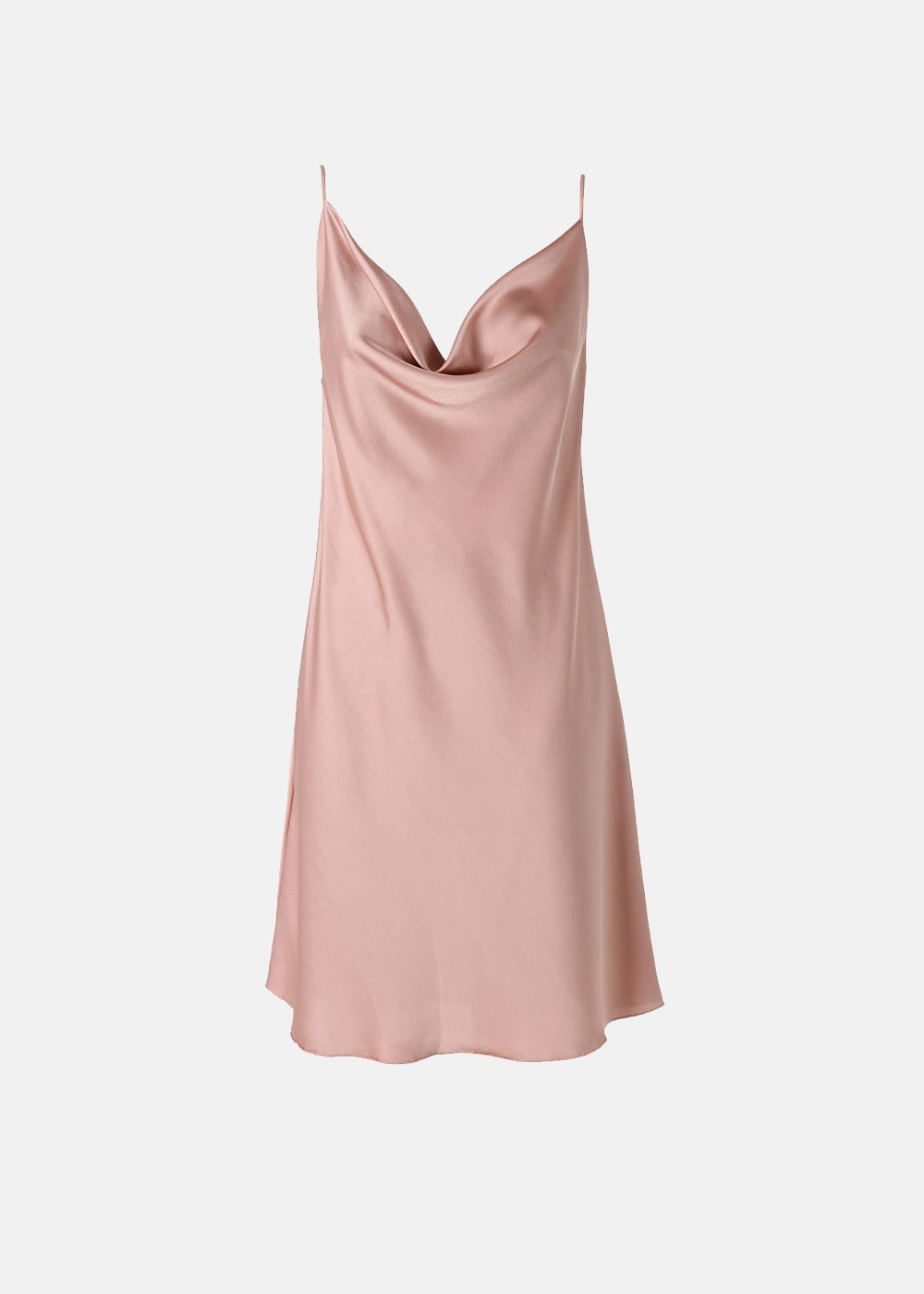 Light pink satin slip dress with cowl neckline and thin spaghetti straps, knee-length on pale background