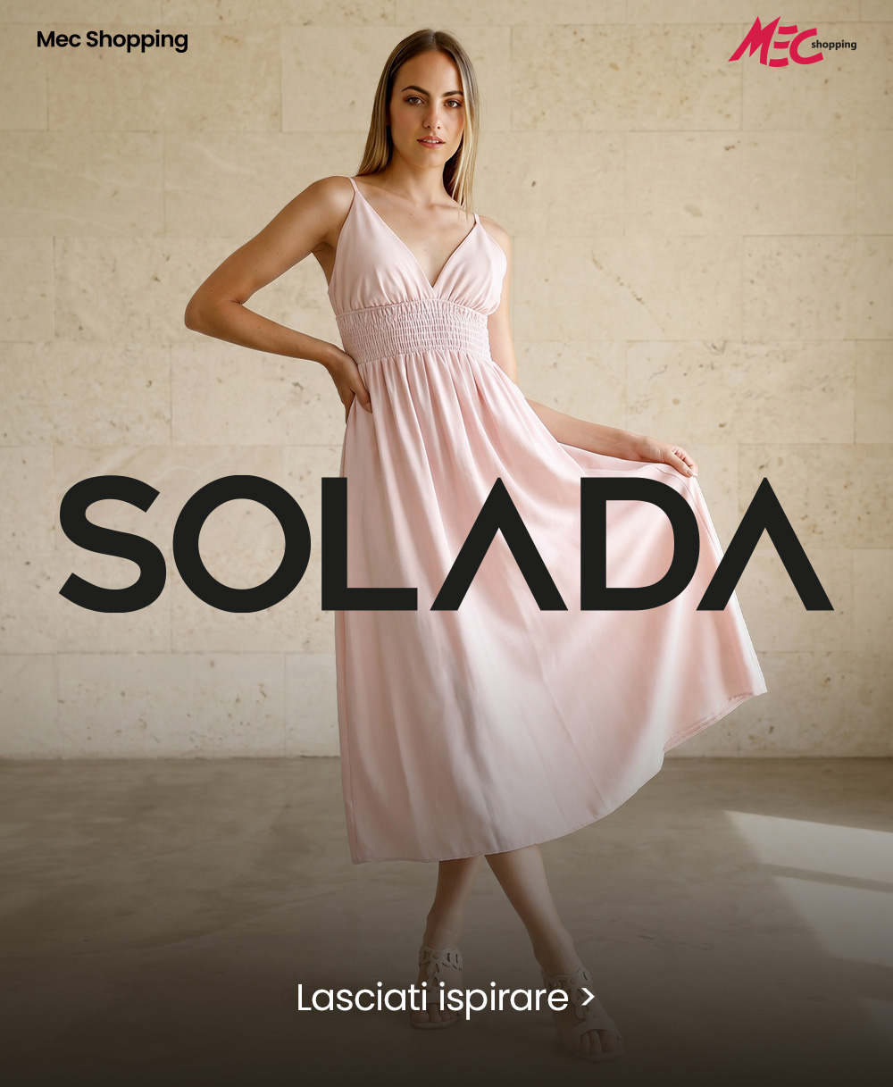 Woman modelling a pale pink sleeveless maxi dress in a neutral stone interior, promotional SOLADA text overlay and Mec Shopping logo