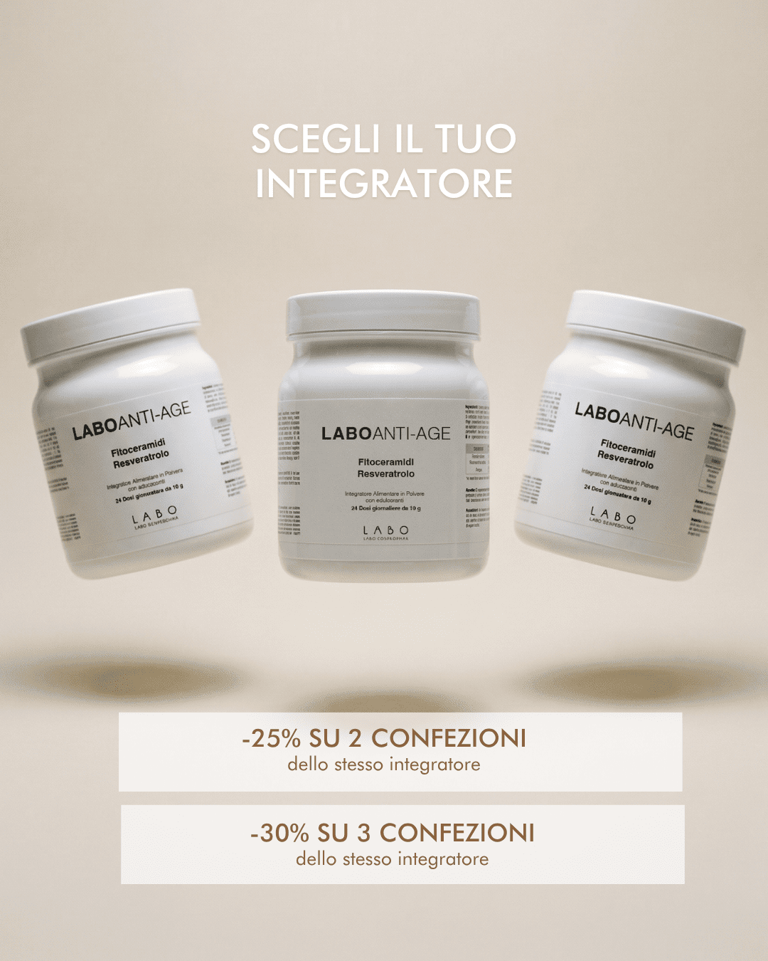 -25% su 2 confezioni dello stesso integratore, -30% su 3 confezioni dello stesso integratore