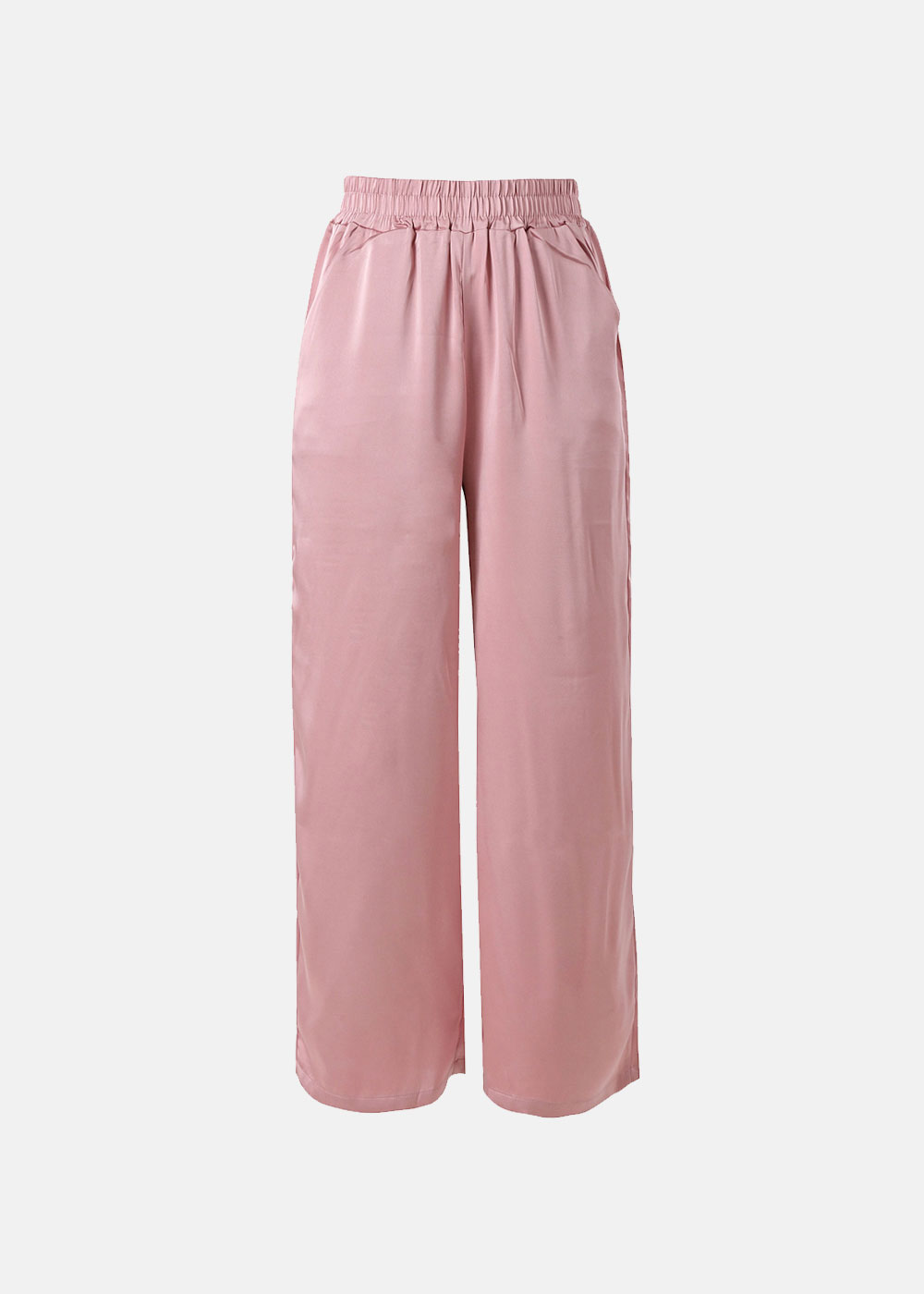 Dusty pink women's wide-leg satin trousers with elasticated waistband and side pockets, front view