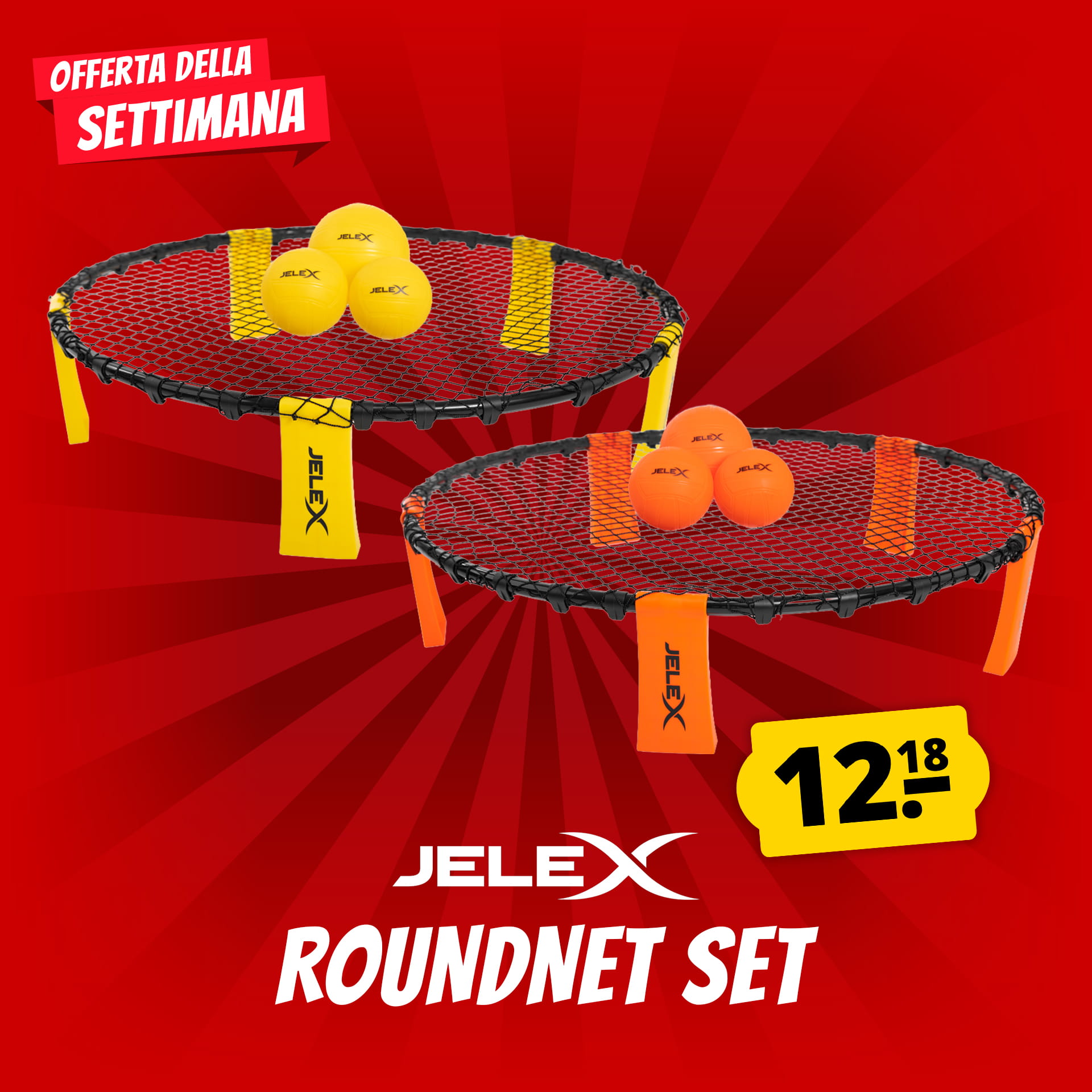 jelex smash rete tonda set da 6 con 3 palline