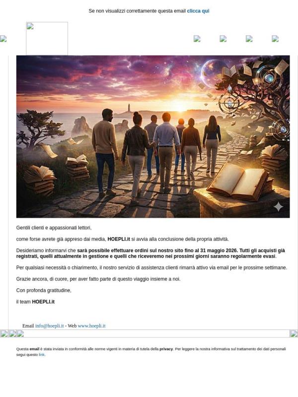 Comunicazione ai clienti: ultimi ordini su HOEPLI.it entro il 31 maggio 2026