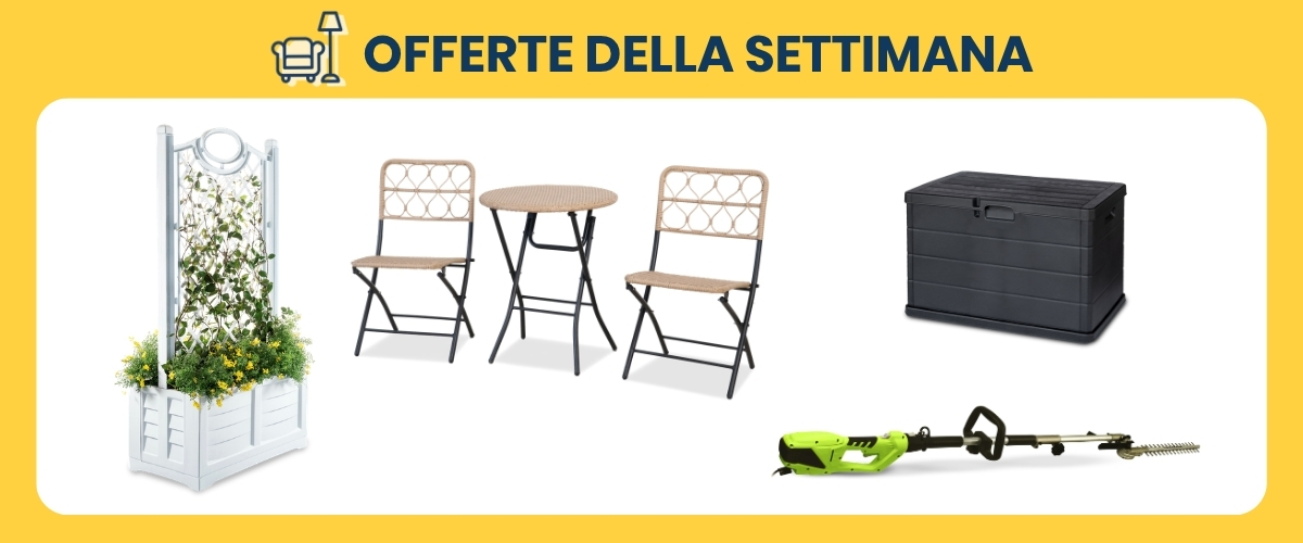 Weekly offers: white planter with trellis, two-seat bistro set, black garden storage box and electric pole hedge trimmer