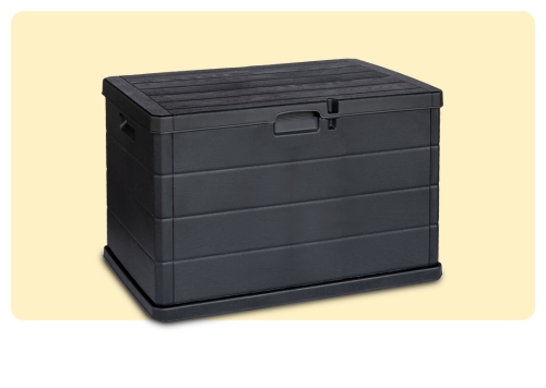 Large black resin outdoor storage box with hinged lid and central latch, lockable garden/deck box for cushions, tools and patio accessories