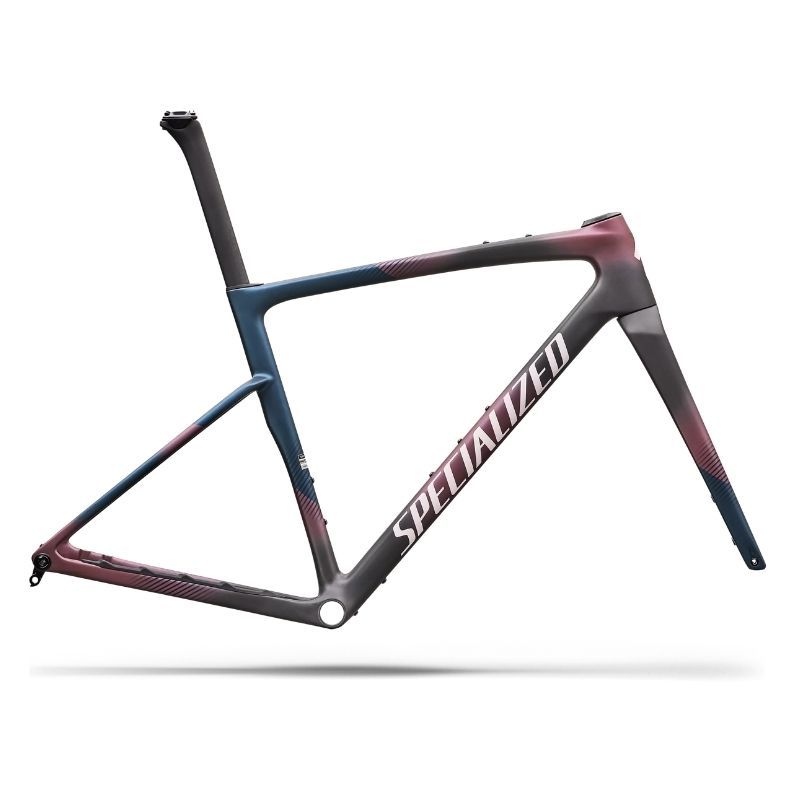 Specialized carbon road bike frame in blue-to-maroon gradient, aerodynamic lightweight frame and fork shown on a white background