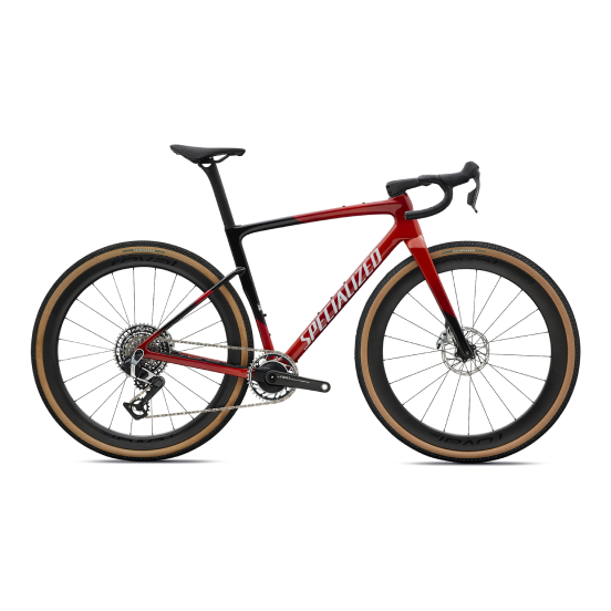Red and black Specialized carbon gravel bike with tan-wall tyres, disc brakes, integrated drop handlebars and electronic drivetrain