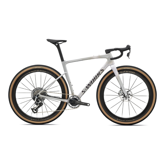 S-Works white aero road bike with tan-wall tyres, disc brakes and deep-section carbon wheels on plain white background