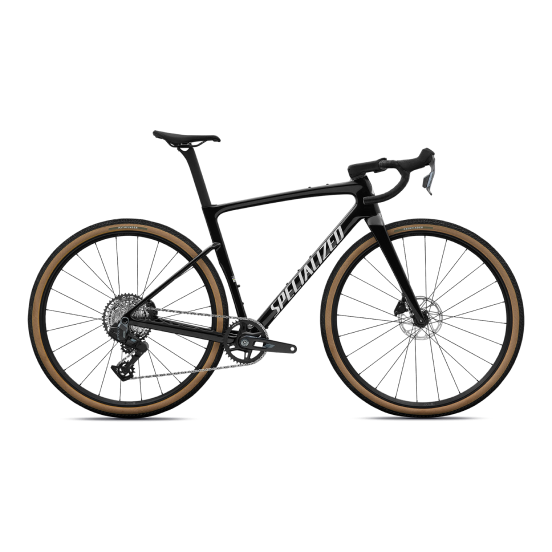 Matte black Specialized gravel bike with tan-wall tyres, drop handlebars, disc brakes and SRAM drivetrain, side view on white background