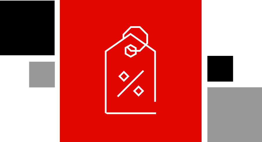 Quadrato rosso con un disegno a linee bianche dell'icona di un tag, con un simbolo di percentuale, che indica una promozione.