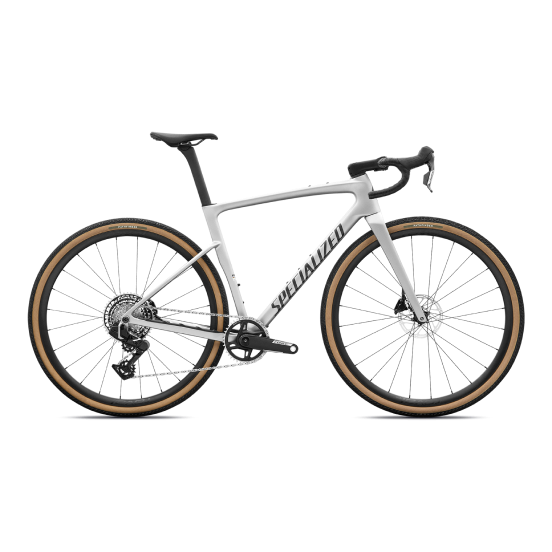Side view of a white Specialized gravel bike with carbon frame, drop handlebars, tan-wall tyres and disc brakes