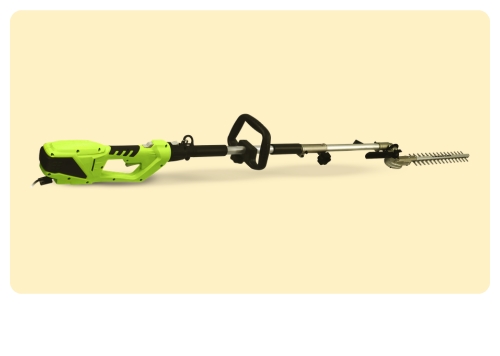 Corded electric long-reach hedge trimmer with lime green body on a pale cream background