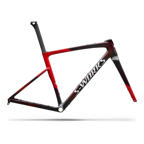 S-Works red and black carbon road bike frame with integrated seatpost and fork, isolated on white background