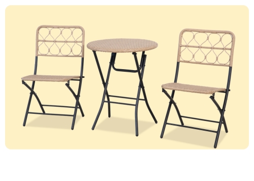 Two beige woven rattan folding chairs with matching round folding bistro table and black metal frames