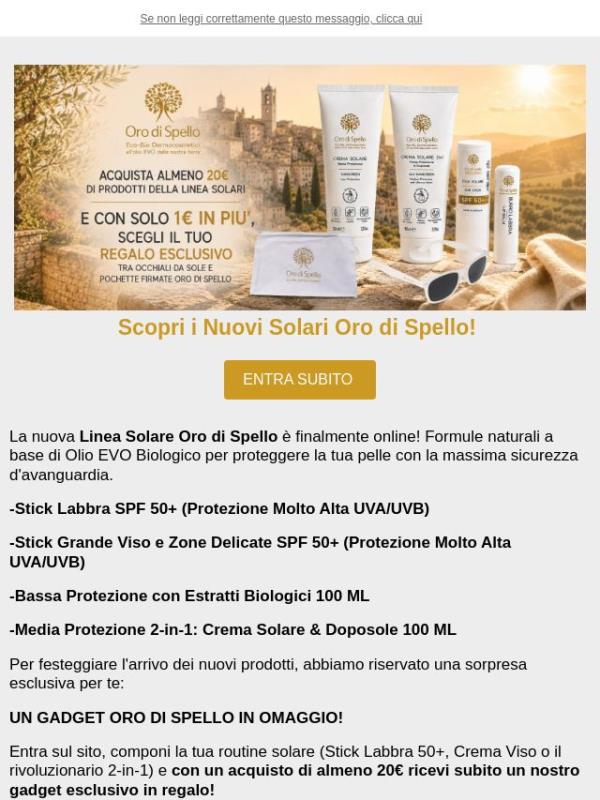 Oro di Spello, Proteggi la tua pelle con la nuova linea solare. Un fantascico Omaggio per te!