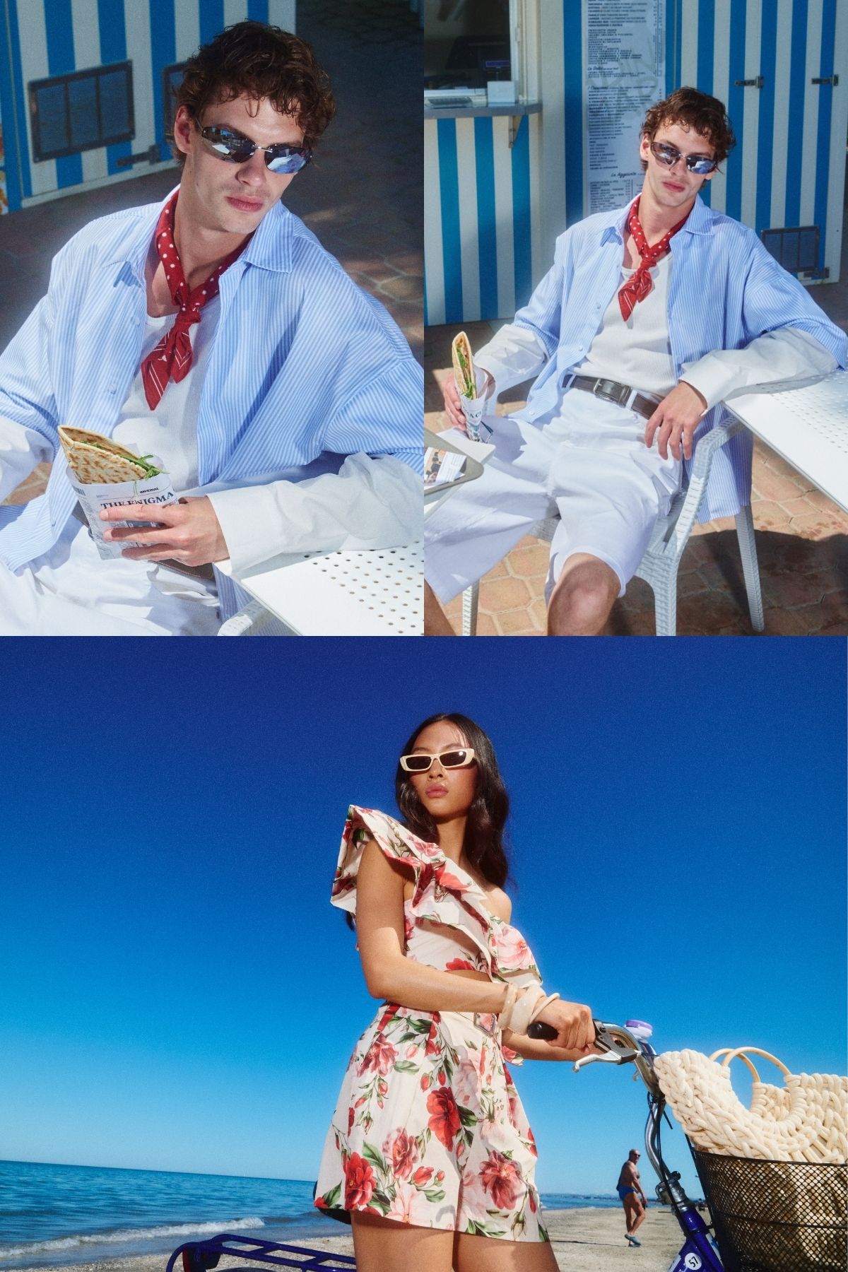 Collage: man in blue striped shirt with red neckerchief and sunglasses eating a wrap at a beach cabana; woman in floral dress and sunglasses with bicycle on sunny beach