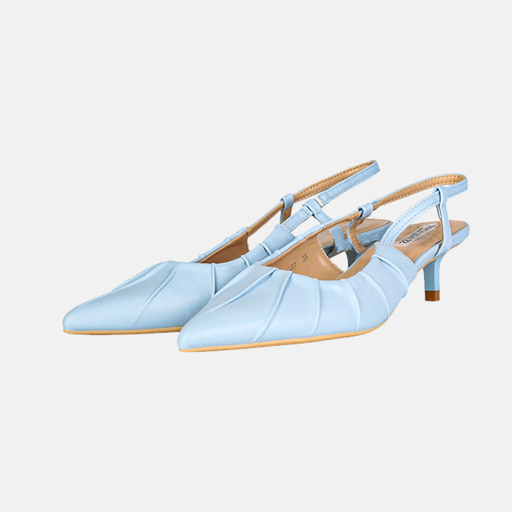 Pair of light blue satin slingback kitten-heel shoes with pointed toes and ruched detailing, shown on white background