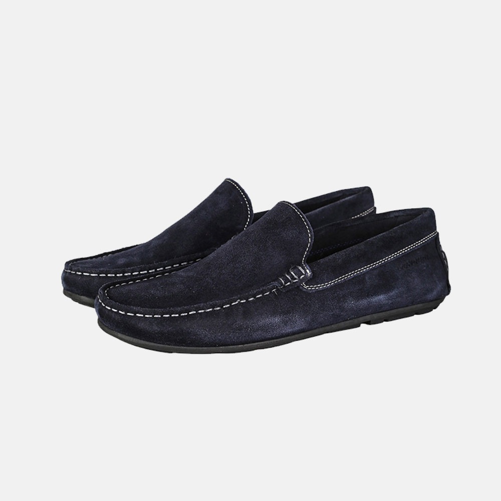 Pair of navy suede men's loafers with white contrast stitching and rubber driving sole