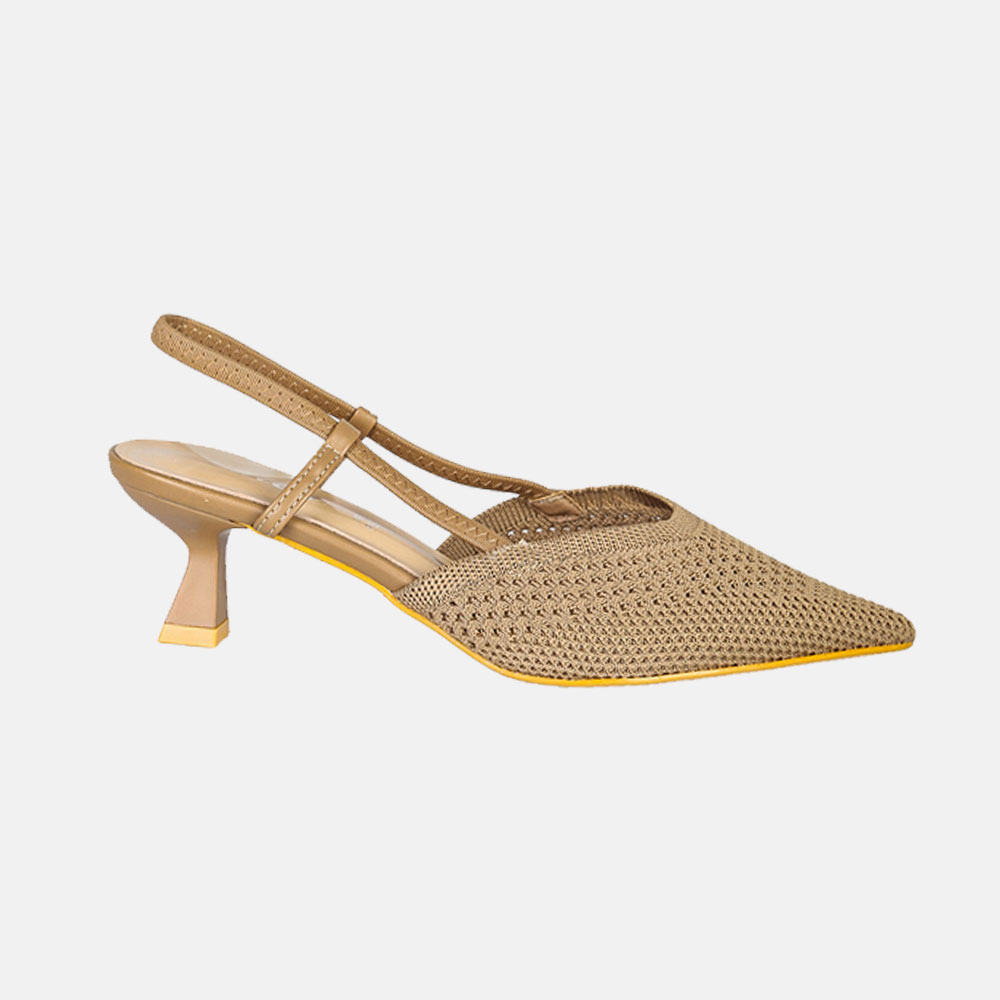 Beige woven pointed-toe slingback kitten-heel shoe with low sculpted heel and yellow sole trim