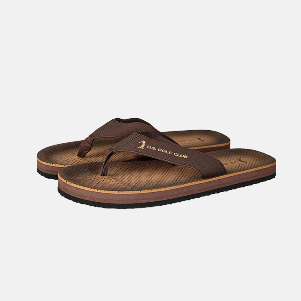 Pair of brown U.S. Golf Club flip-flop sandals with textured cushioned footbed, fabric thong straps and layered rubber sole