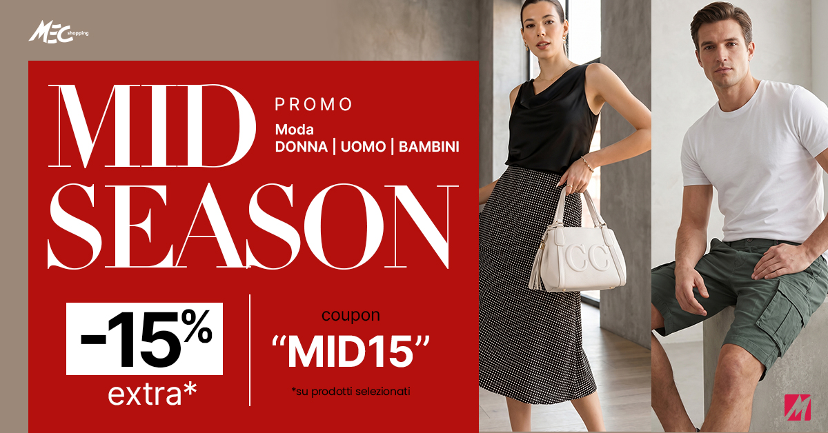 Mid-season promo banner with -15% coupon code MID15, woman holding white handbag in skirt and man in white tee and cargo shorts