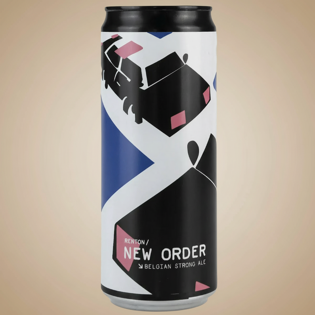 A can of Renton New Order Belgian Strong Ale with abstract black, white, and blue graphics.
