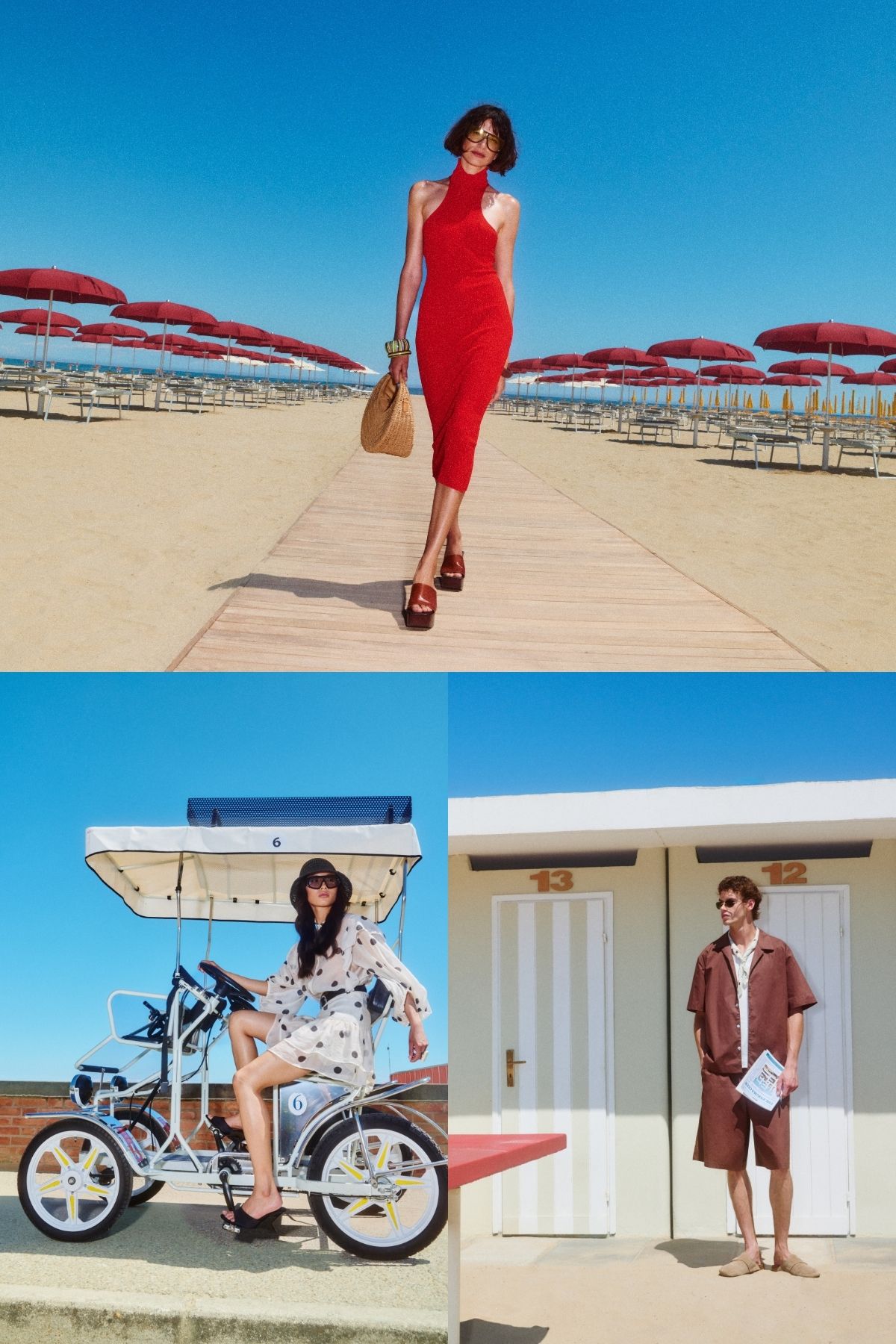 Three models, beach fashion: woman in red dress on boardwalk; woman in polka-dot dress on pedal car; man in brown outfit by beach huts