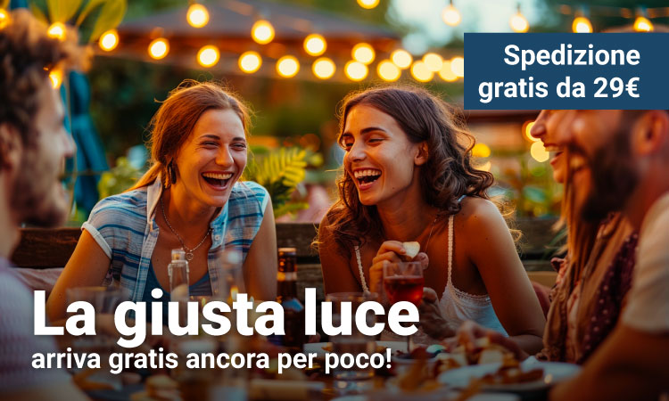 Friends laughing at an outdoor table under warm string lights — summer ambience with a free shipping over €29 banner