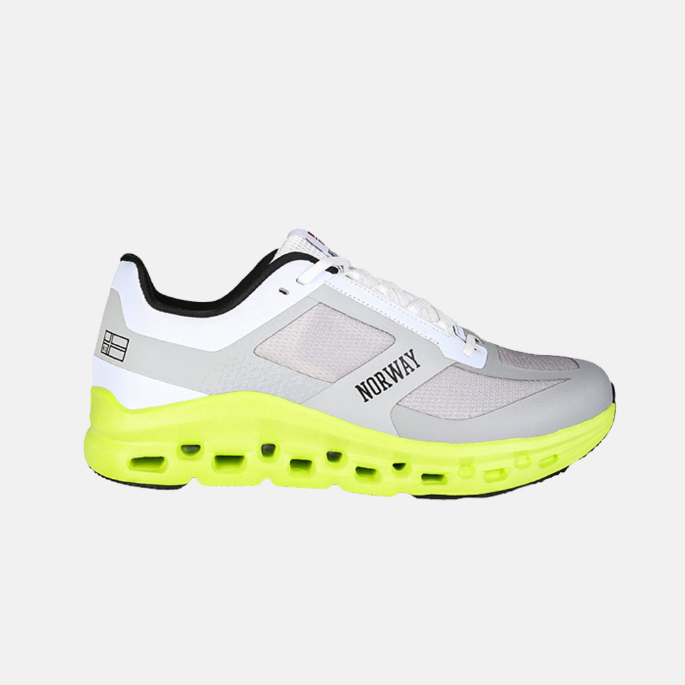 Side view of white and grey trainer with neon yellow cushioned sole and 'NORWAY' branding on the side