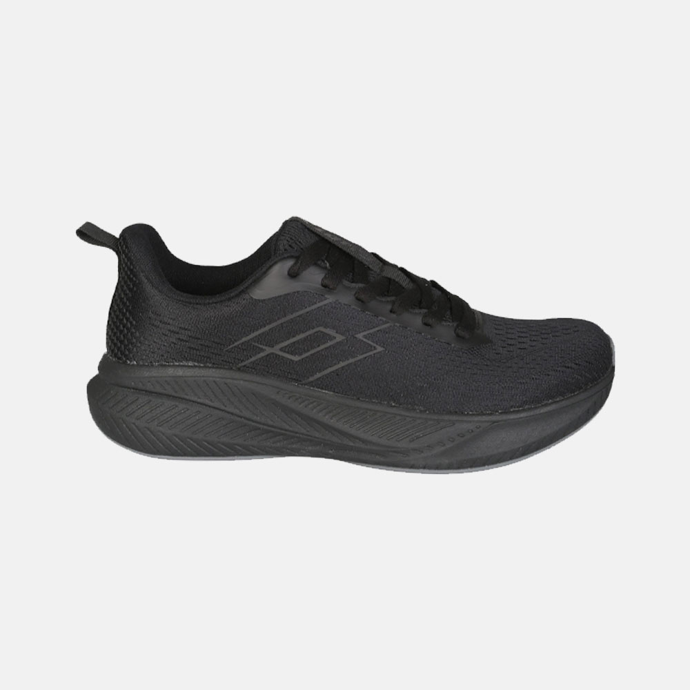 Side profile of a black mesh running shoe with cushioned sole on white background