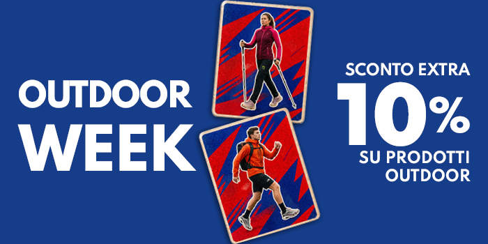 Promotional banner showing two hikers with walking poles and a backpack, 'Outdoor Week' and 'Extra 10% off outdoor products'