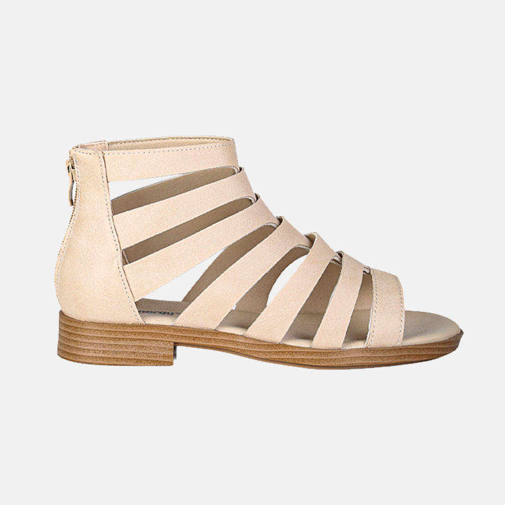 Beige women's gladiator sandal with multiple straps, low stacked heel and rear zip, side profile on white background