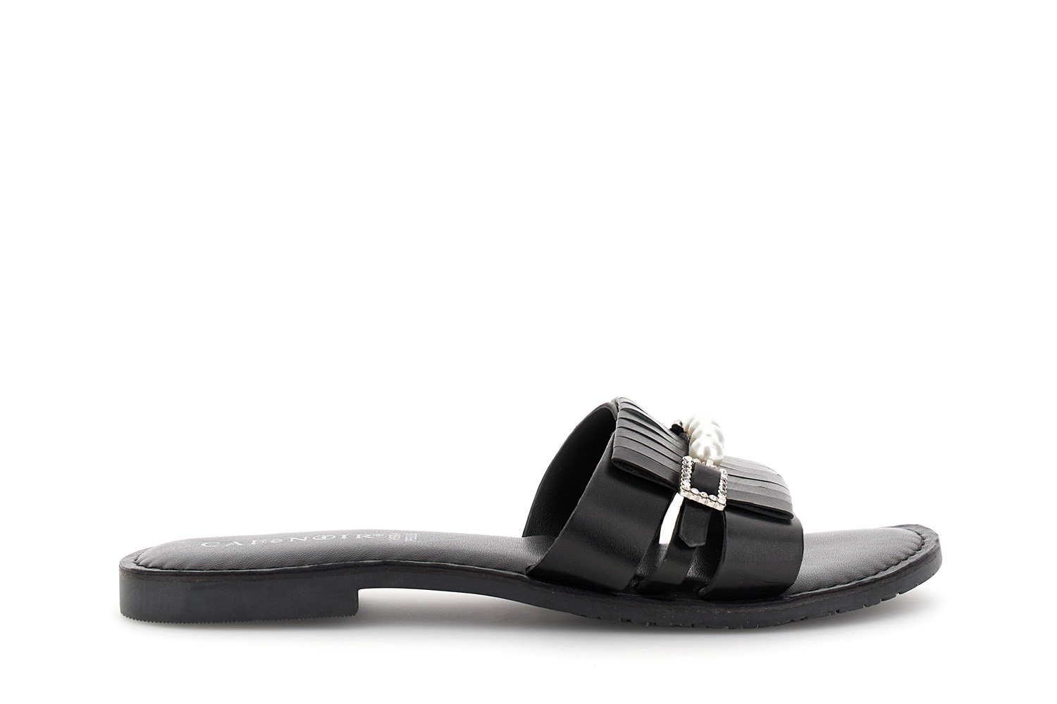 Image of sandali ciabatta flat in pelle con fibbia gioiello nero