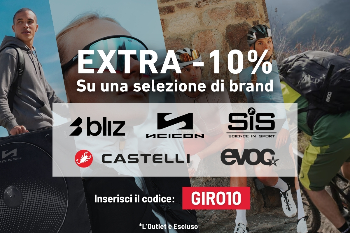 Promotional banner: extra 10% off select cycling brands (Bliz, Scicon, SiS, Castelli, Evoc) with code GIRO10, cyclists in background