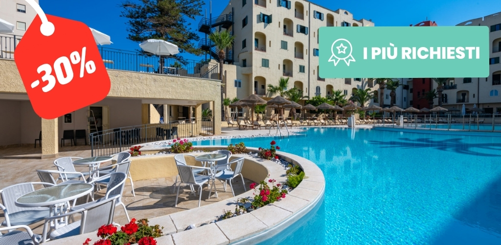Outdoor hotel swimming pool with sun loungers, terrace tables and parasols by Mediterranean-style apartments, 30% discount badge