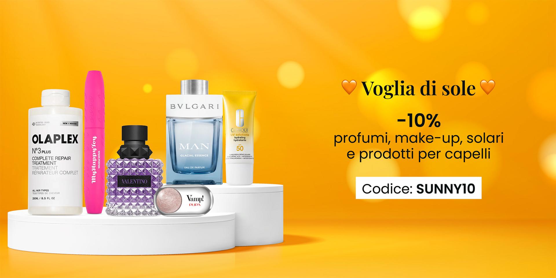 Voglia di sole: 10% di sconto su profumi, make-up, solari e prodotti per capelli-10% extra su tutto il sito per prepararti all'estate con il codice CHARM10