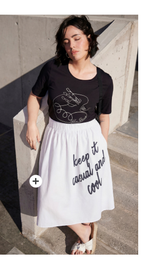 Casual And Cool Skirt - A flared silhouette with graphic lettering for added charm.