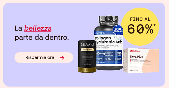 “Integratori per la bellezza (collagene, Skin Glow e Kéra Plus) con offerta fino al -60%. Testo: ‘La bellezza parte da dentro’ e pulsante ‘Risparmia ora’.” “Integratori per la bellezza (collagene, Skin Glow e Kéra Plus) con offerta fino al -60%. Testo: ‘La bellezza parte da dentro’ e pulsante ‘Risparmia ora’.”