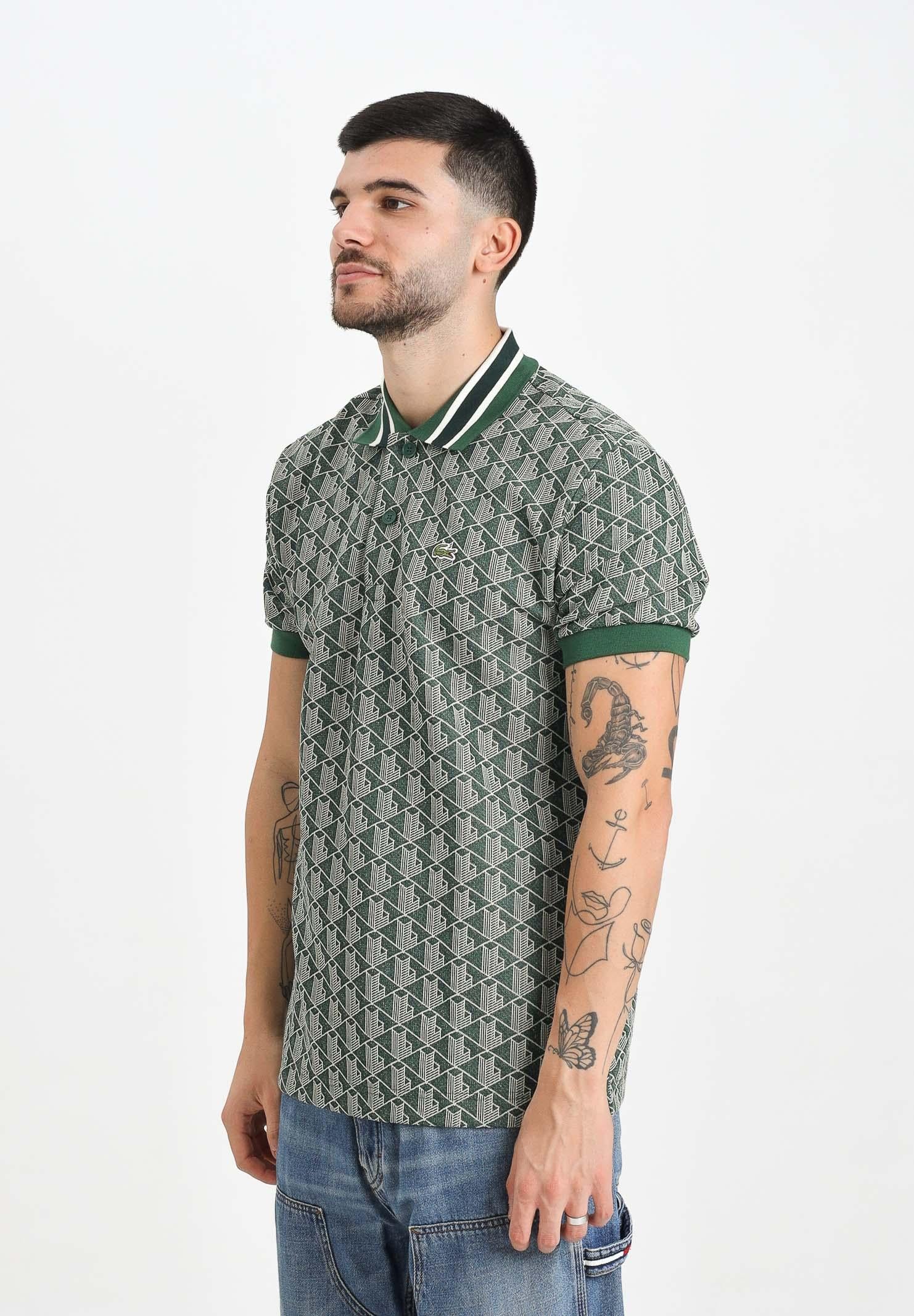 Image of LACOSTE Polo a manica corta verde da uomo in jacquard con monogramma