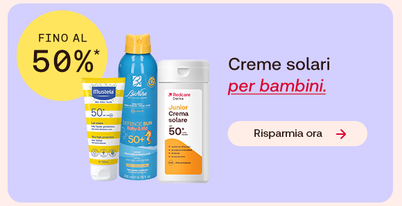 “Creme solari per bambini Mustela, Bionike e Redcare con offerta fino al -50%. Testo: ‘Creme solari per bambini’ e pulsante ‘Risparmia ora’.” “Creme solari per bambini Mustela, Bionike e Redcare con offerta fino al -50%. Testo: ‘Creme solari per bambini’ e pulsante ‘Risparmia ora’.”