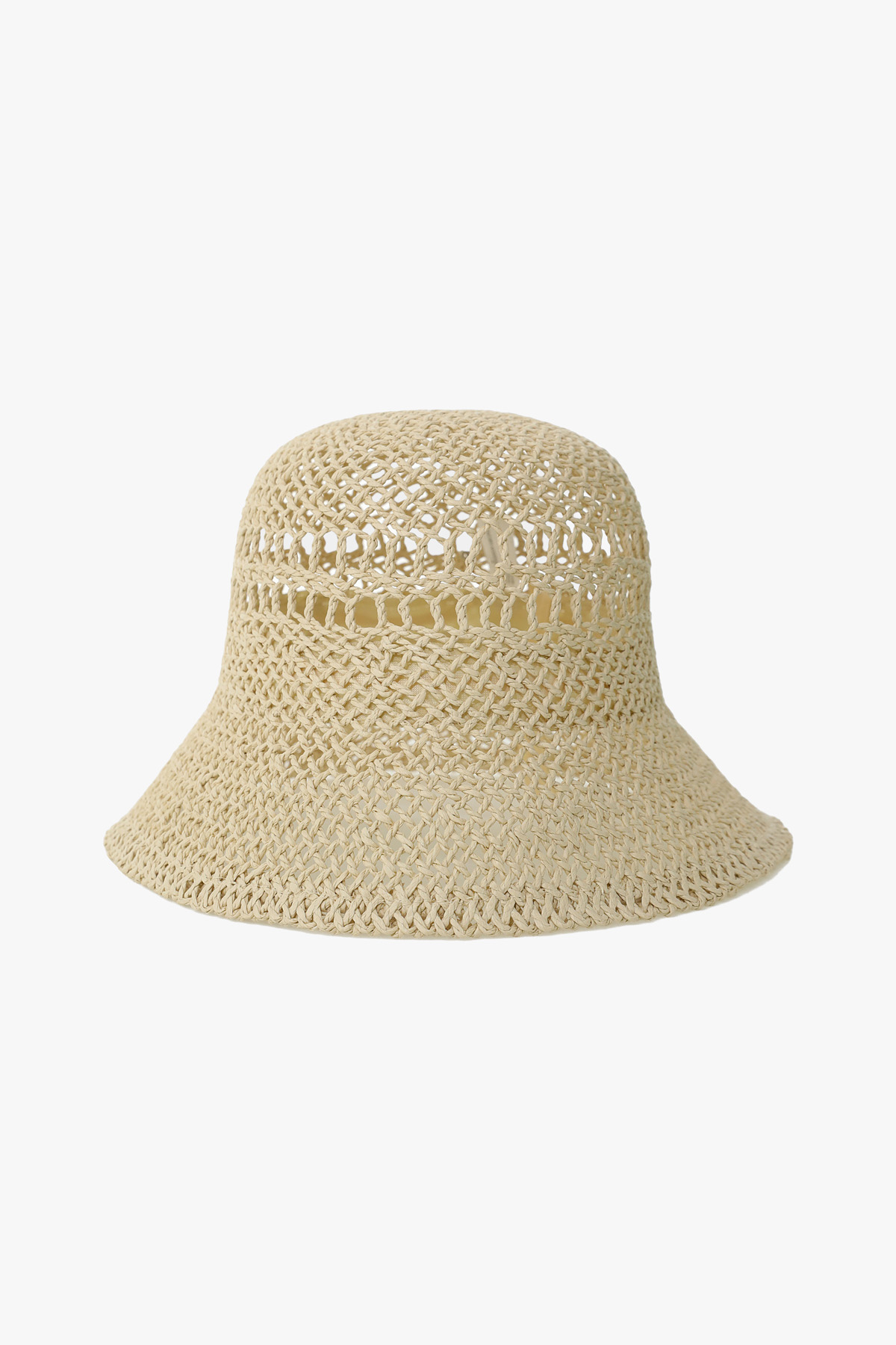 Natural woven straw bucket hat with open crochet pattern and gently flared brim