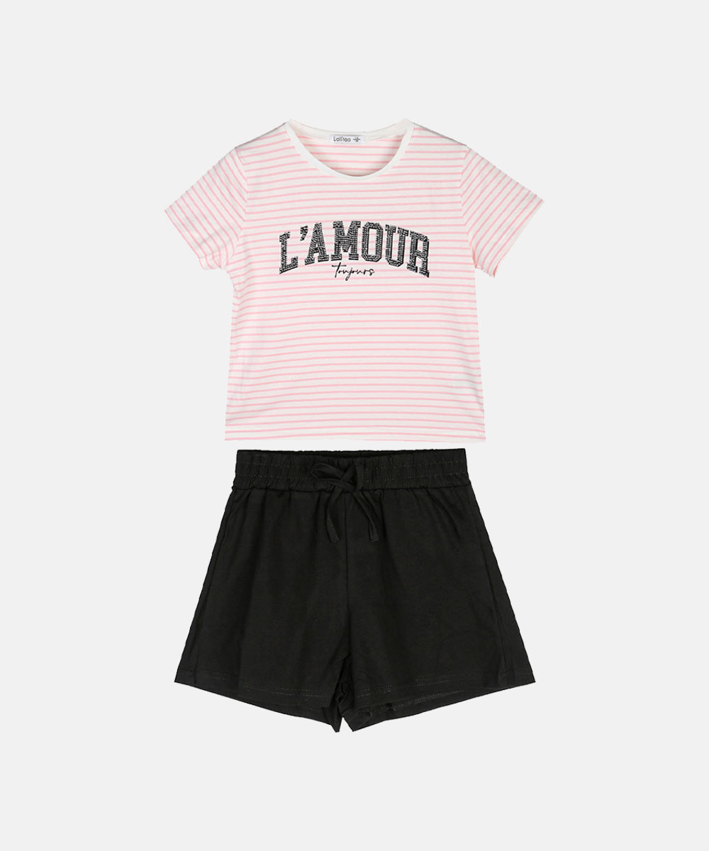 Girls' two-piece loungewear set — pink and white striped short-sleeve 'L'AMOUR' top with black drawstring shorts, flat lay