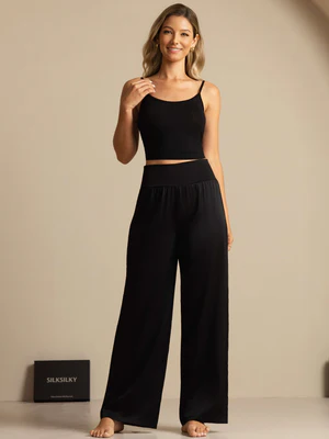 Image of Pantaloni a gamba larga alta vita in seta 19Momme con ampia cintura elastica