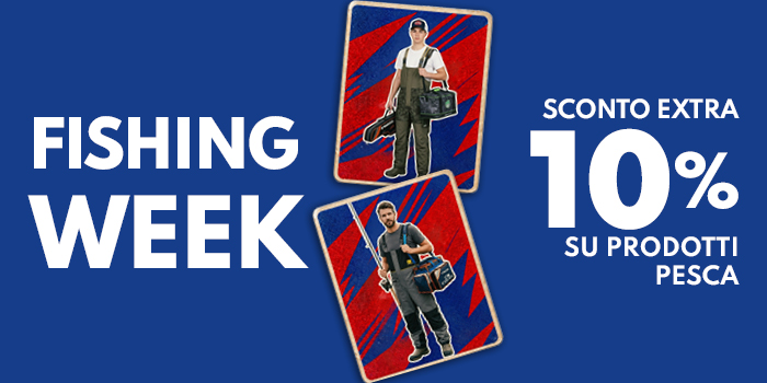Promotional banner: Fishing Week — two anglers carrying fishing gear with text 'Extra 10% discount on fishing products'