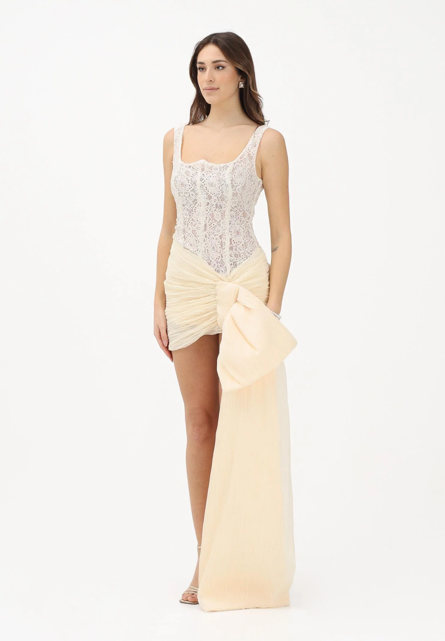 Image of TPN Abito corto burro da donna con corpetto floreale e gonna drappeggiata