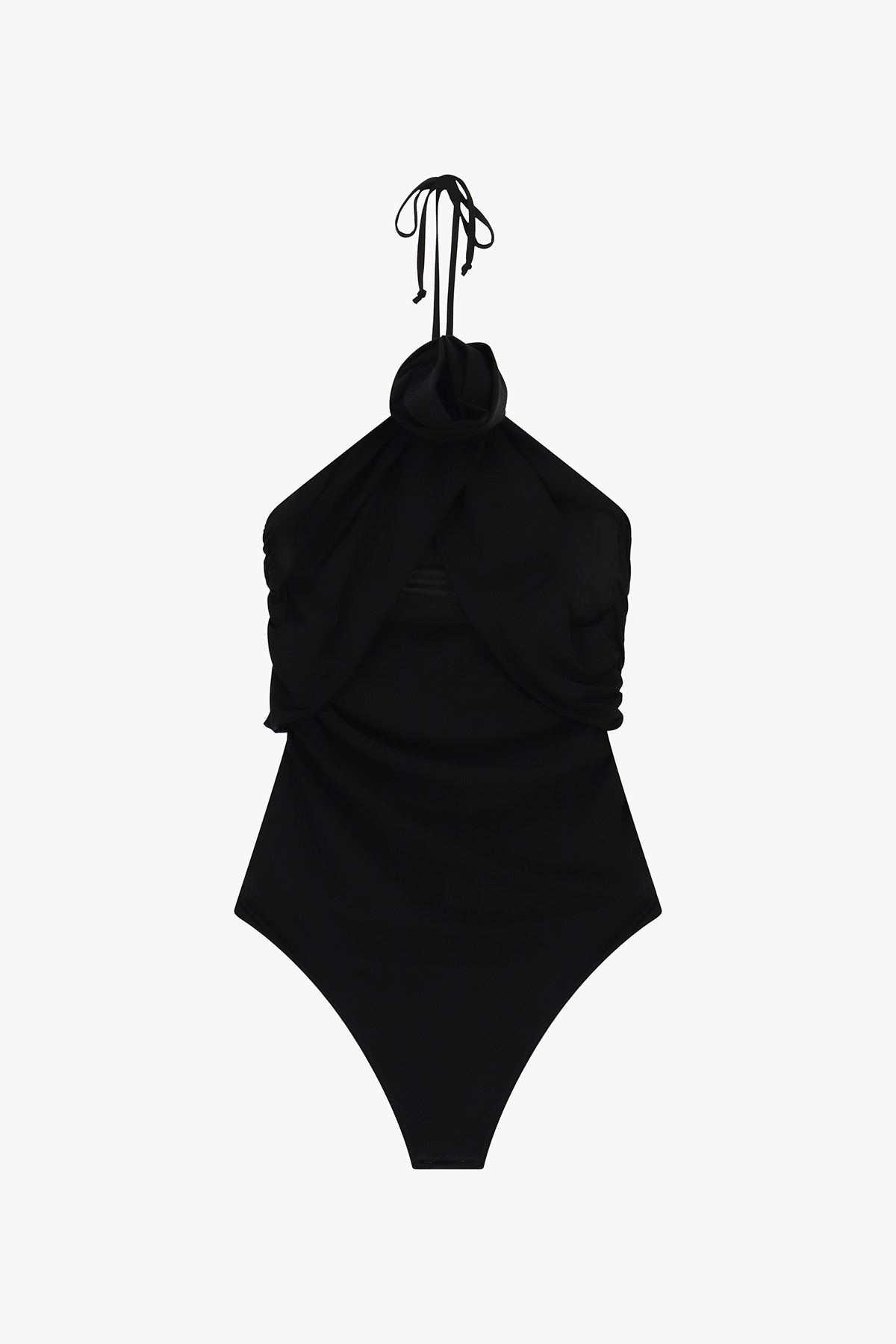 Black halterneck one-piece swimsuit with ruched front and adjustable neck ties, flat-lay on white background