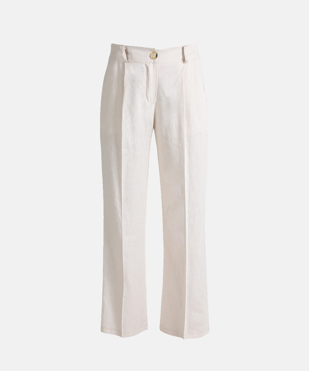 Women's cream linen trousers, high-waist with button and belt loops, front crease and straight wide-leg fit