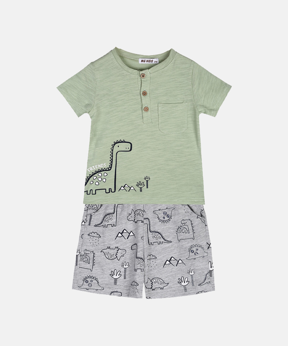 Kids two-piece pyjamas: sage green short-sleeve henley top with pocket and dinosaur print, grey dinosaur-print shorts