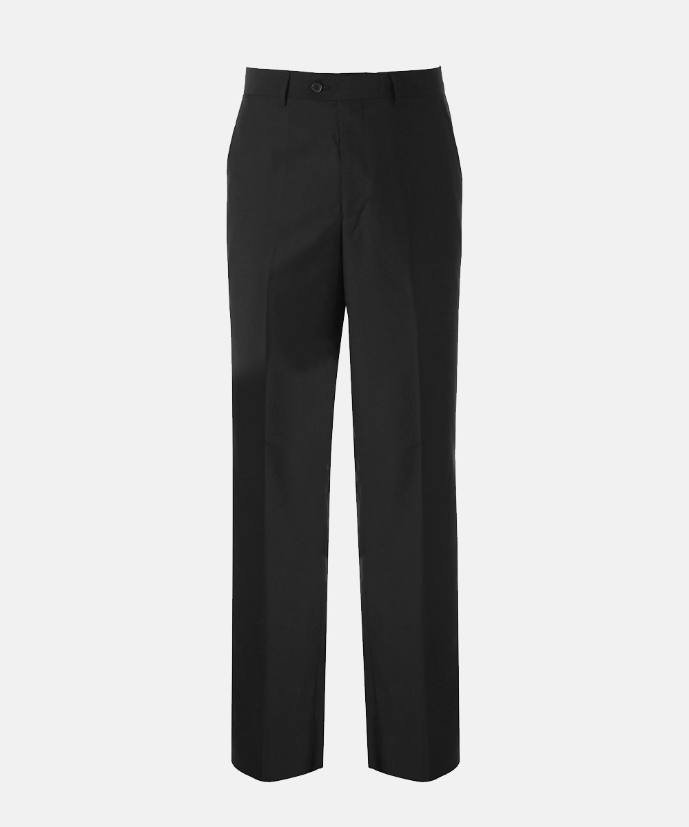 Black men's straight-leg formal trousers, flat front with belt loops and single-button waist, classic office/business wear