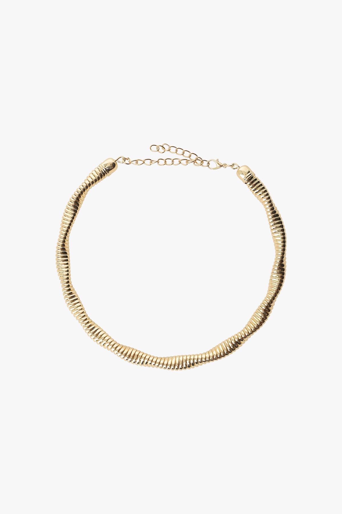 Gold ribbed choker necklace with adjustable chain and lobster clasp, minimalist snake-style design on white background